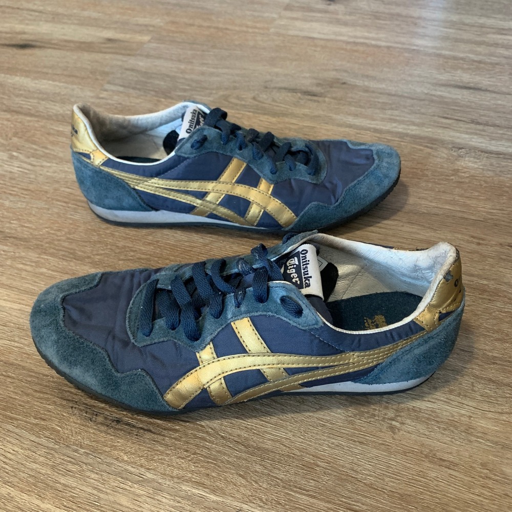 Onitsuka Tiger Serrano Navy Blue Gold Suede Sneakers D109L Mens 6.5 Womens 8